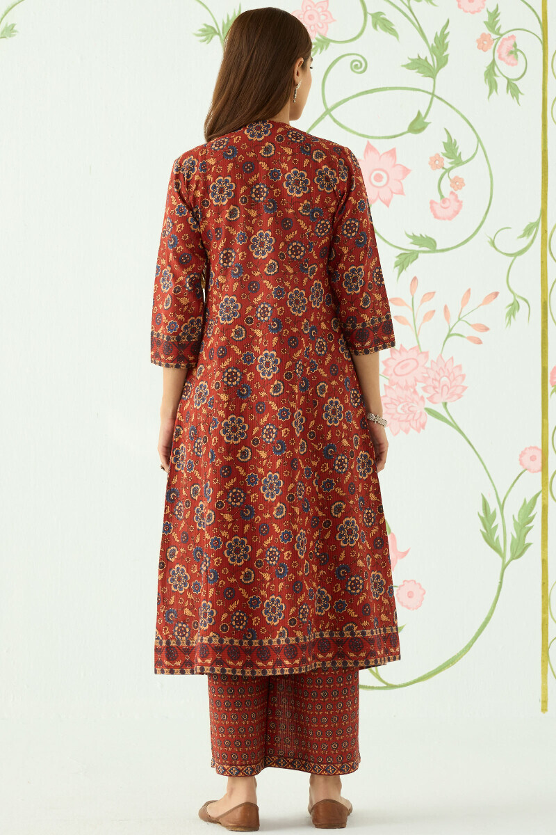 Maroon Hand Printed A-Line Cotton Dobby Kurta