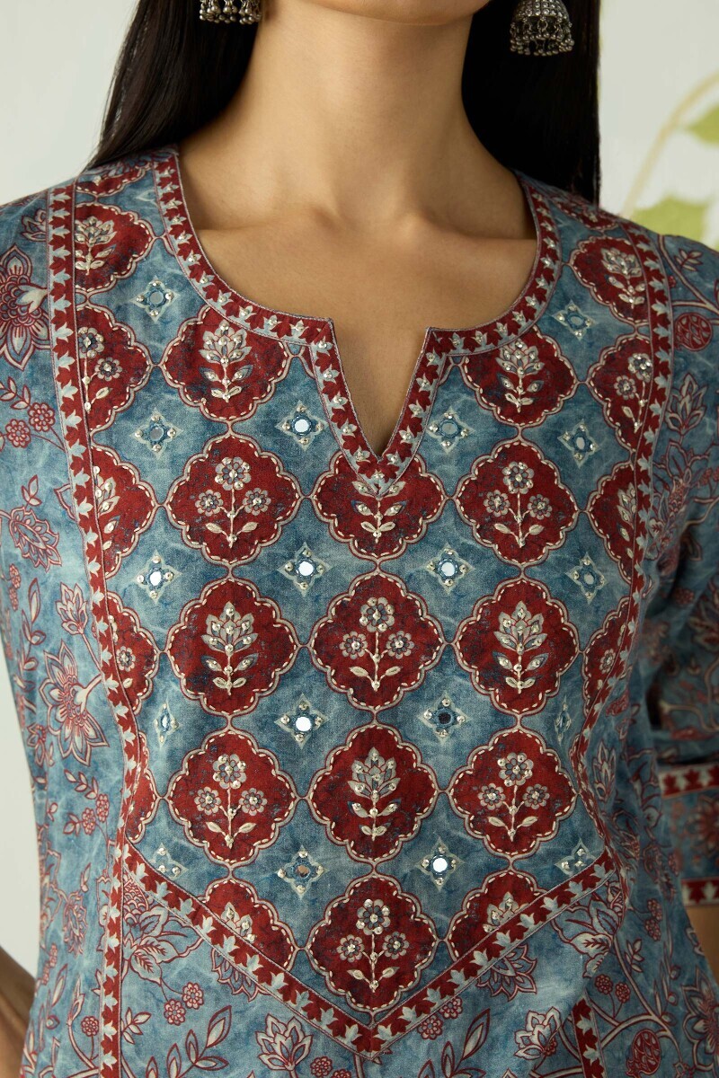 Blue Printed Straight Cotton Kurta