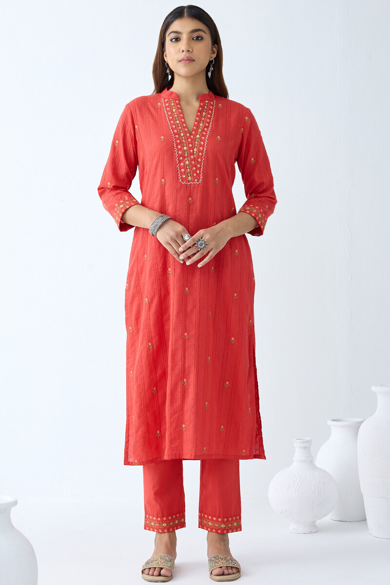 Red Handcrafted Straight Cotton Dobby Kurta