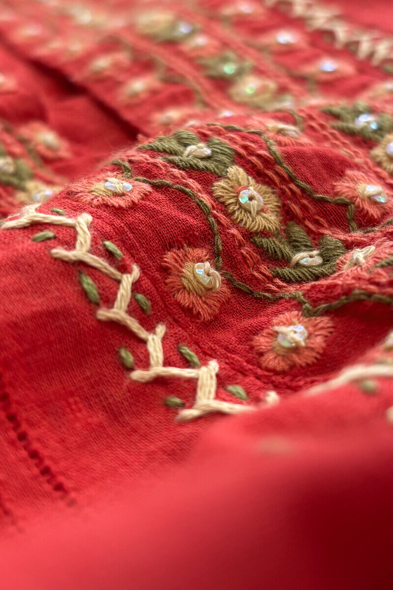 Red Handcrafted Straight Cotton Dobby Kurta