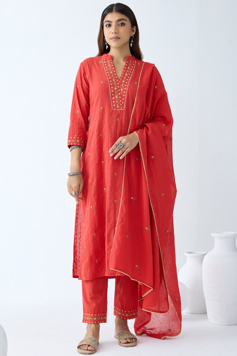 Red Handcrafted Straight Cotton Dobby Kurta