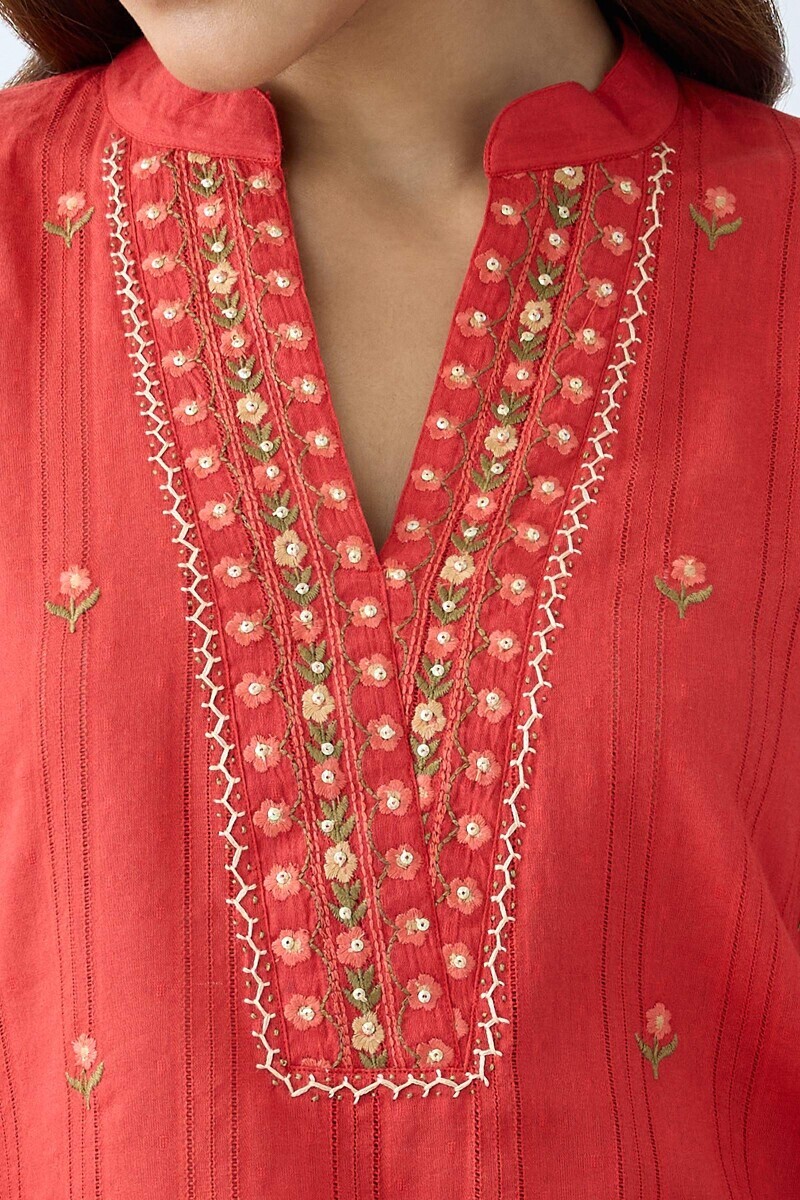 Red Handcrafted Straight Cotton Dobby Kurta