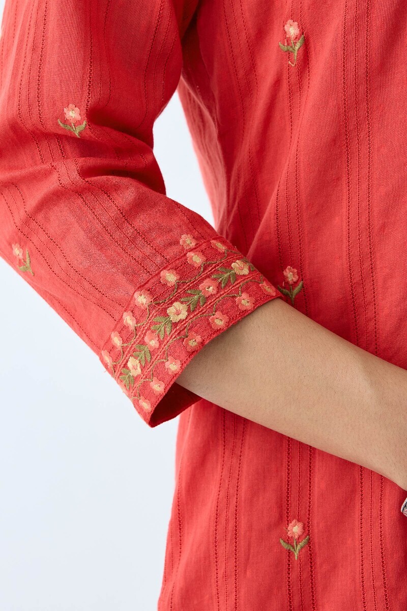 Red Handcrafted Straight Cotton Dobby Kurta