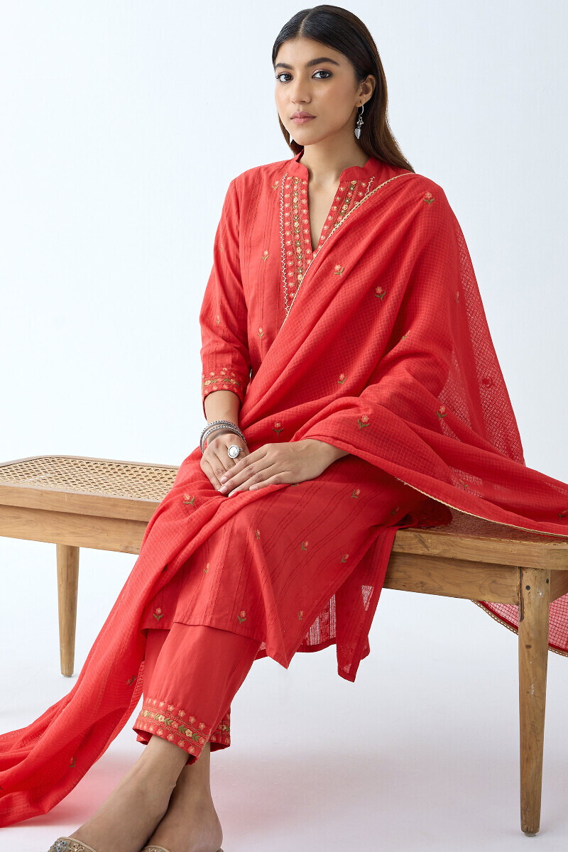 Red Handcrafted Straight Cotton Dobby Kurta