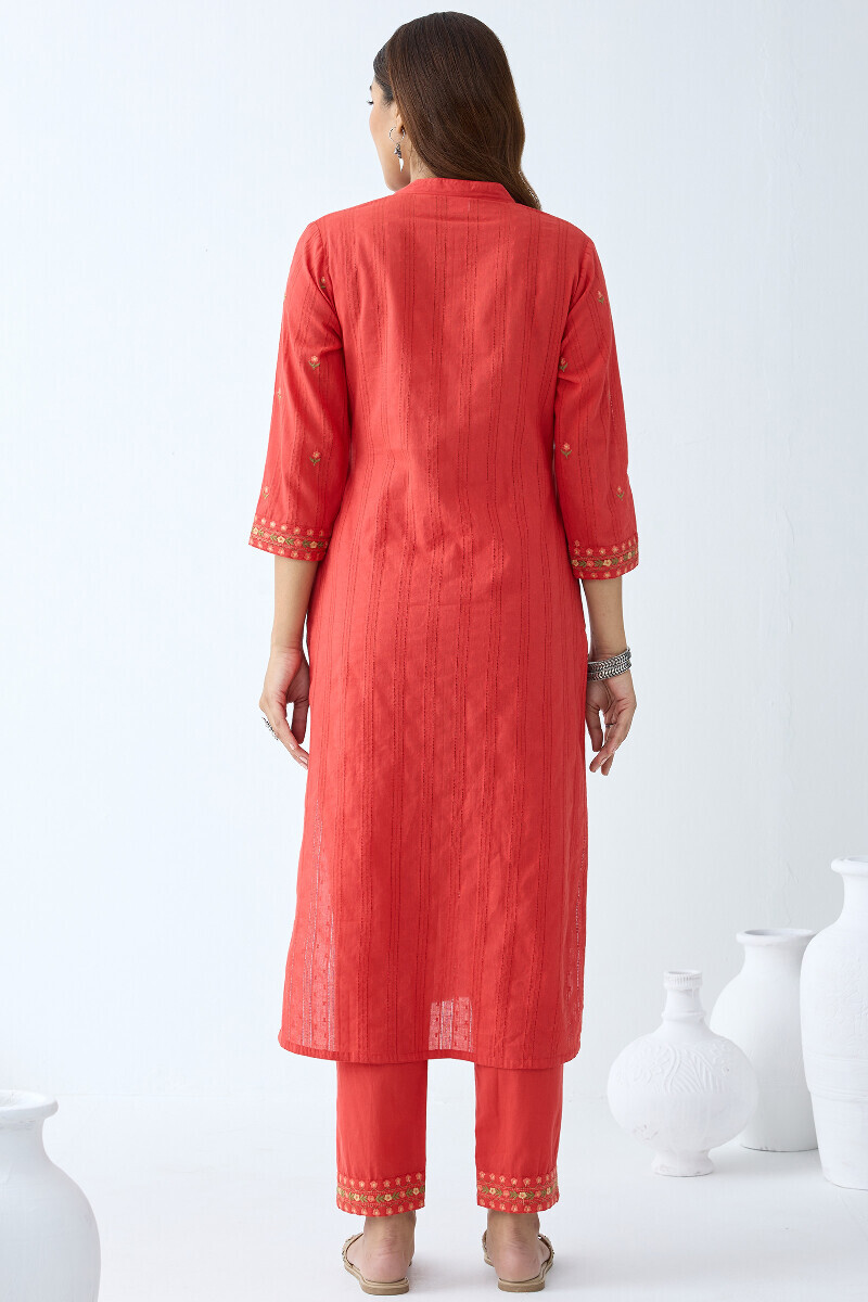 Red Handcrafted Straight Cotton Dobby Kurta