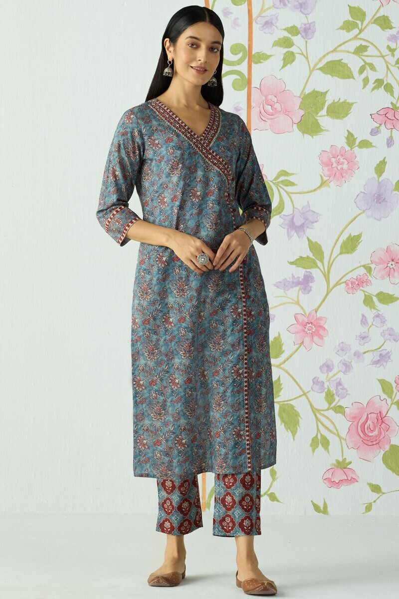 Blue Printed Angrakha Cotton Kurta