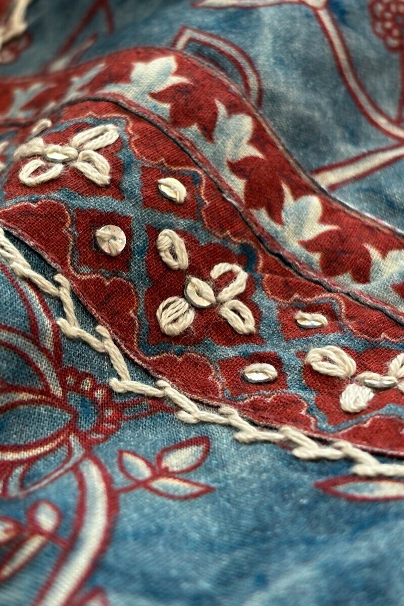 Blue Printed Angrakha Cotton Kurta