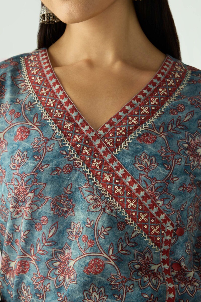 Blue Printed Angrakha Cotton Kurta