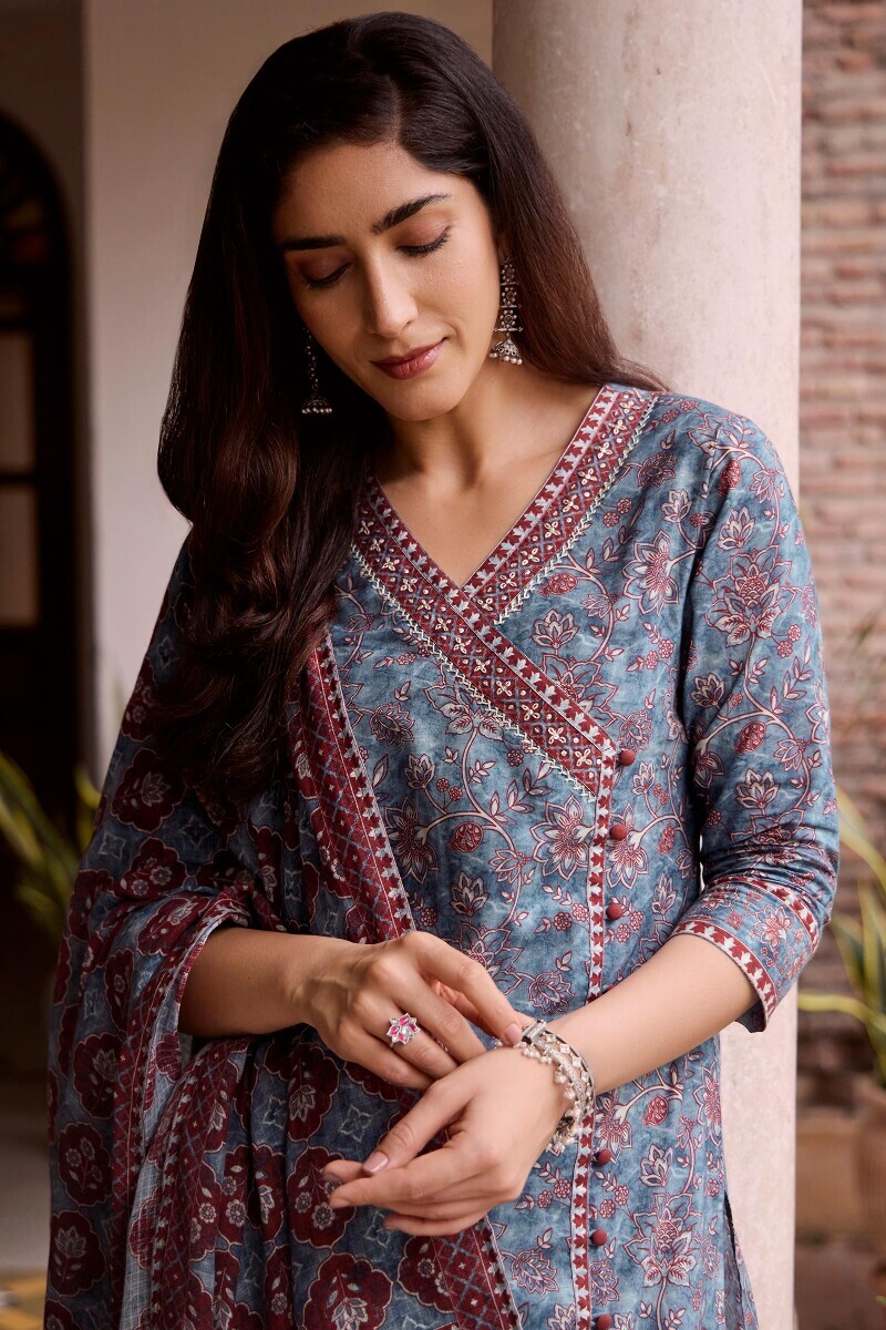 Blue Printed Angrakha Cotton Kurta