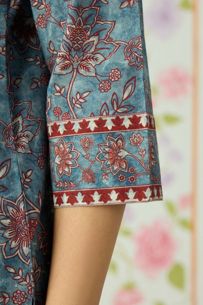 Blue Printed Angrakha Cotton Kurta