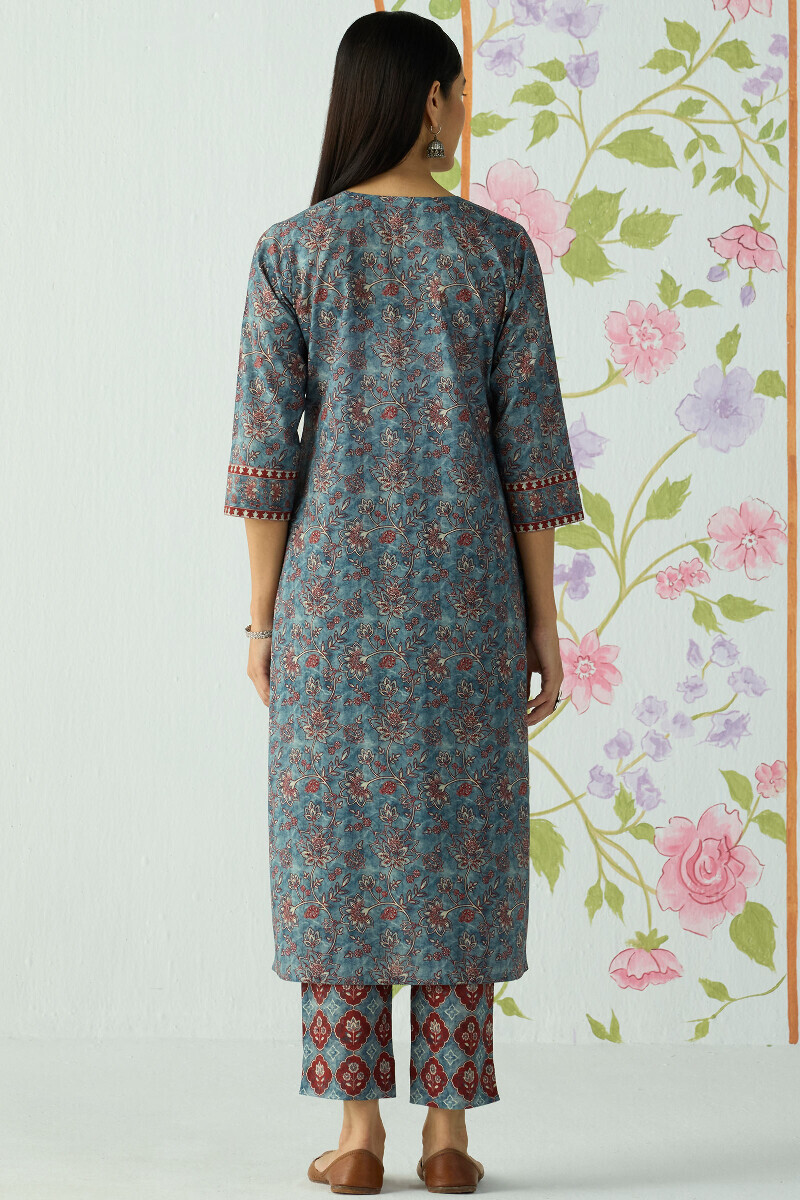 Blue Printed Angrakha Cotton Kurta