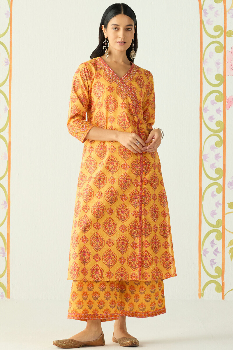 Mustard Hand Printed Angrakha Cotton Dobby Kurta