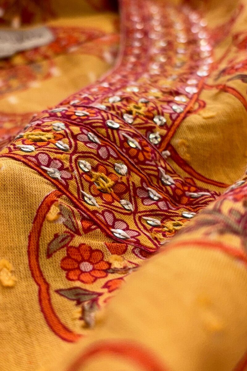 Mustard Hand Printed Angrakha Cotton Dobby Kurta