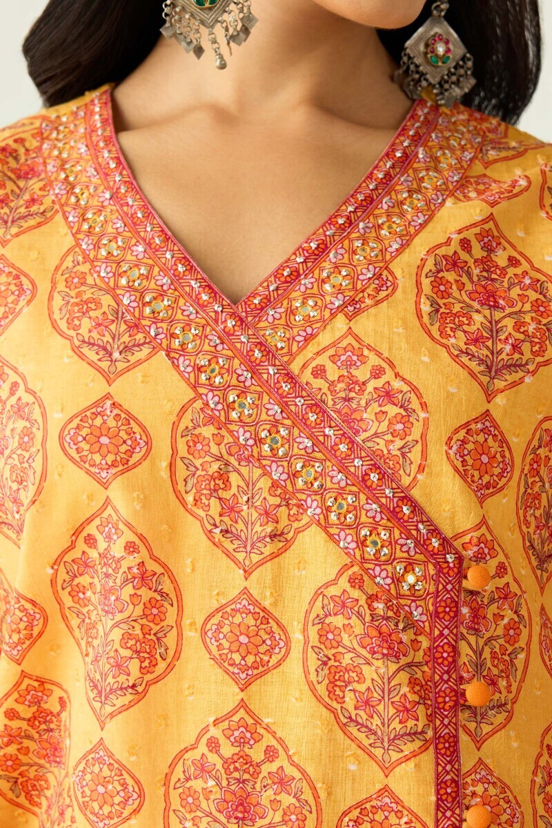 Mustard Hand Printed Angrakha Cotton Dobby Kurta