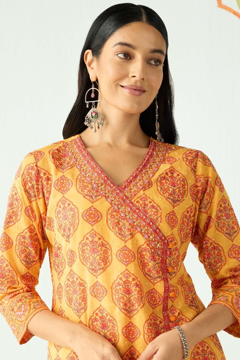 Mustard Hand Printed Angrakha Cotton Dobby Kurta