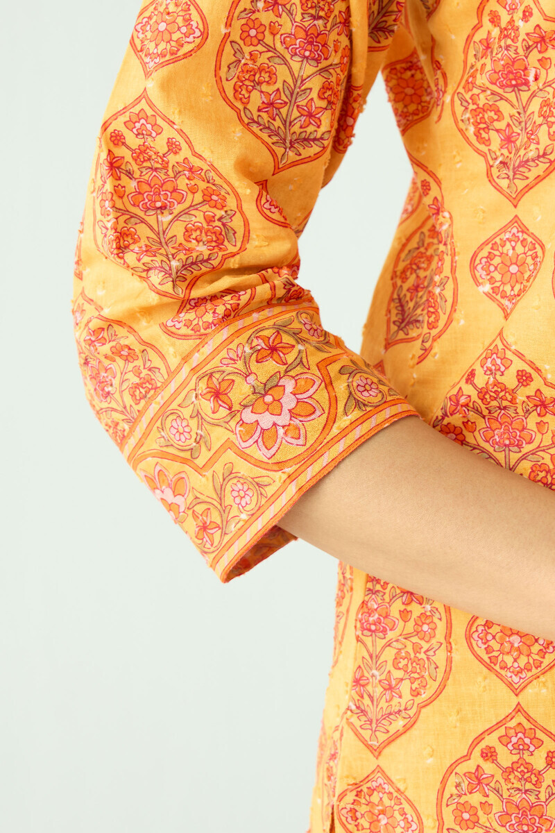 Mustard Hand Printed Angrakha Cotton Dobby Kurta