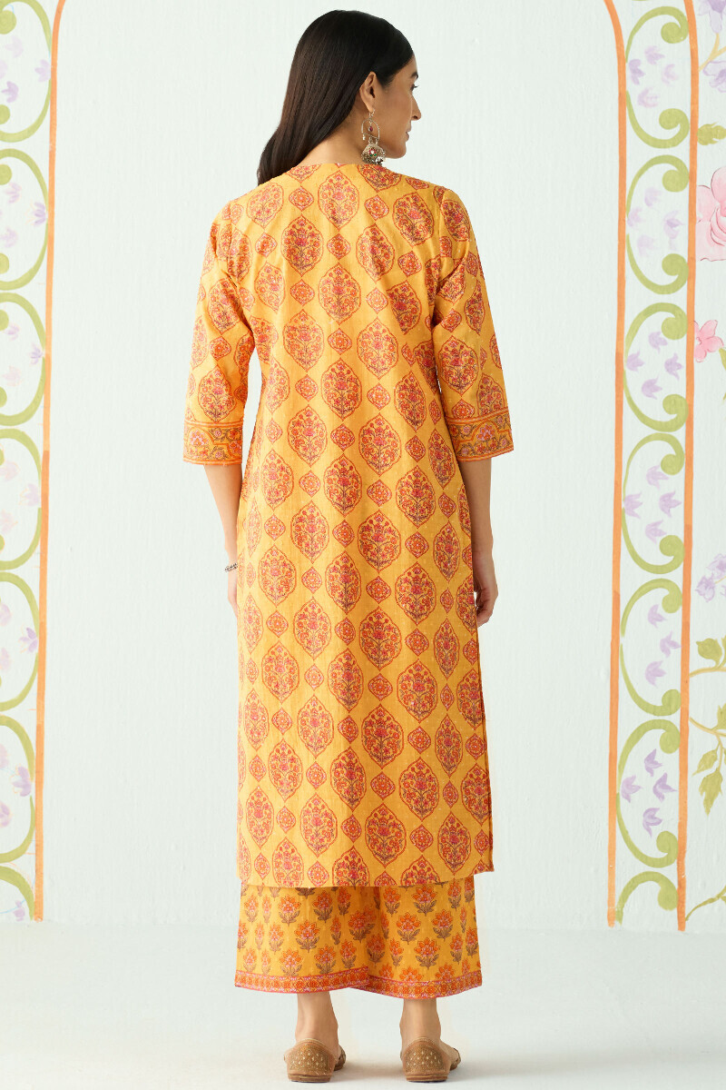 Mustard Hand Printed Angrakha Cotton Dobby Kurta