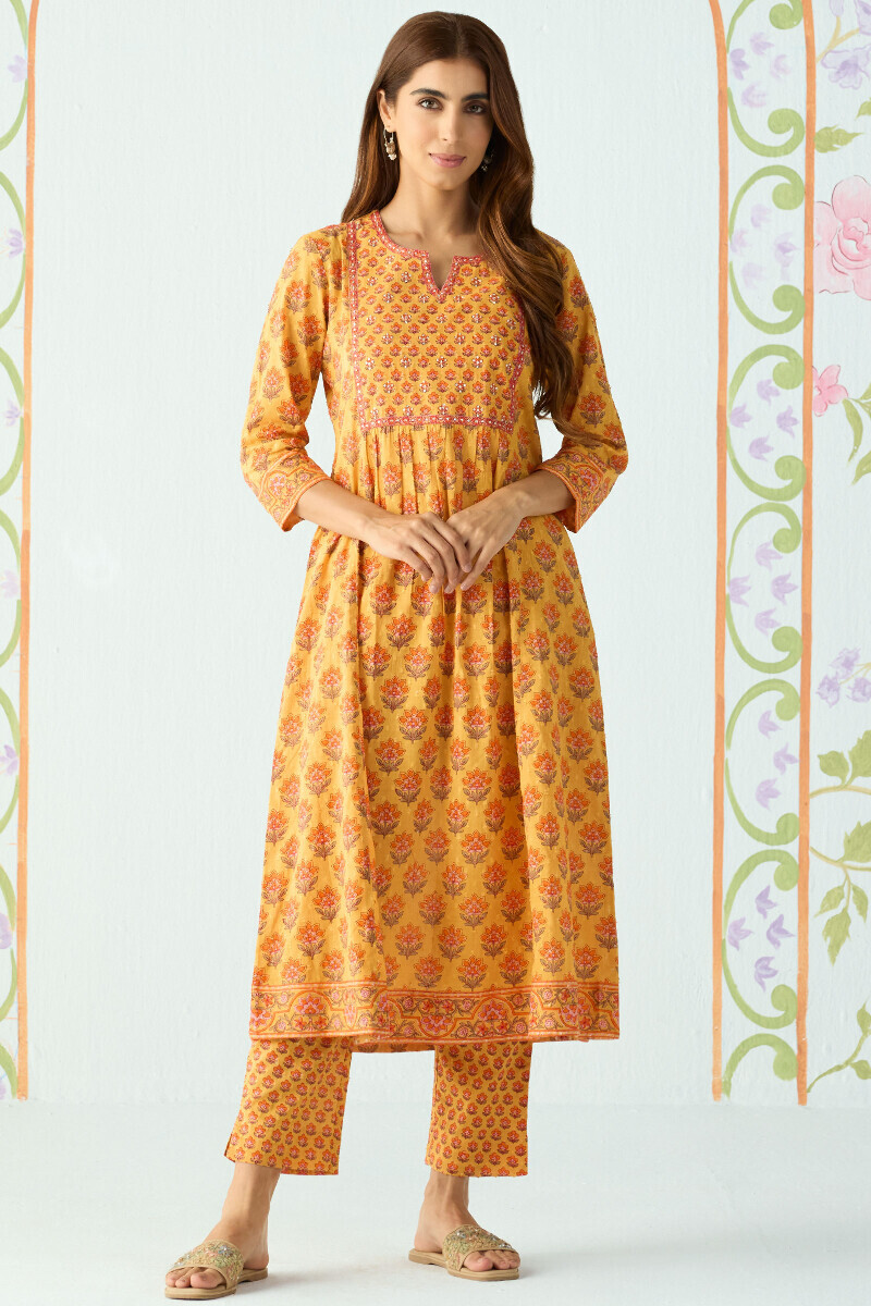 Mustard Hand Printed A-Line Cotton Dobby Kurta