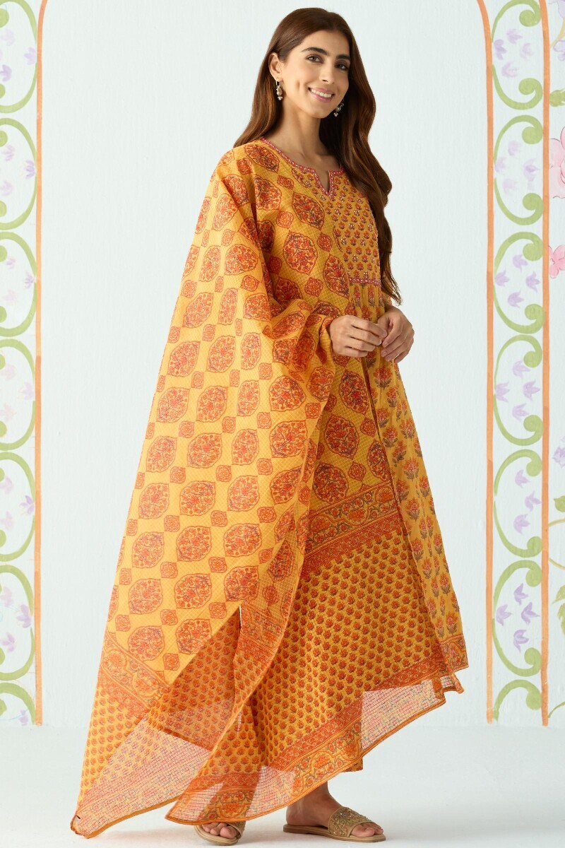 Mustard Hand Printed A-Line Cotton Dobby Kurta