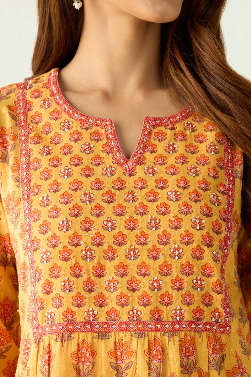 Mustard Hand Printed A-Line Cotton Dobby Kurta