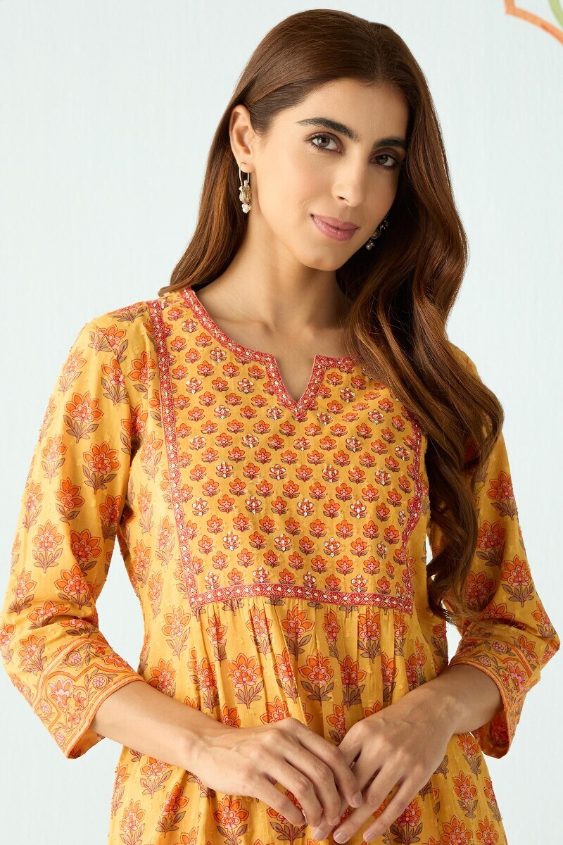 Mustard Hand Printed A-Line Cotton Dobby Kurta