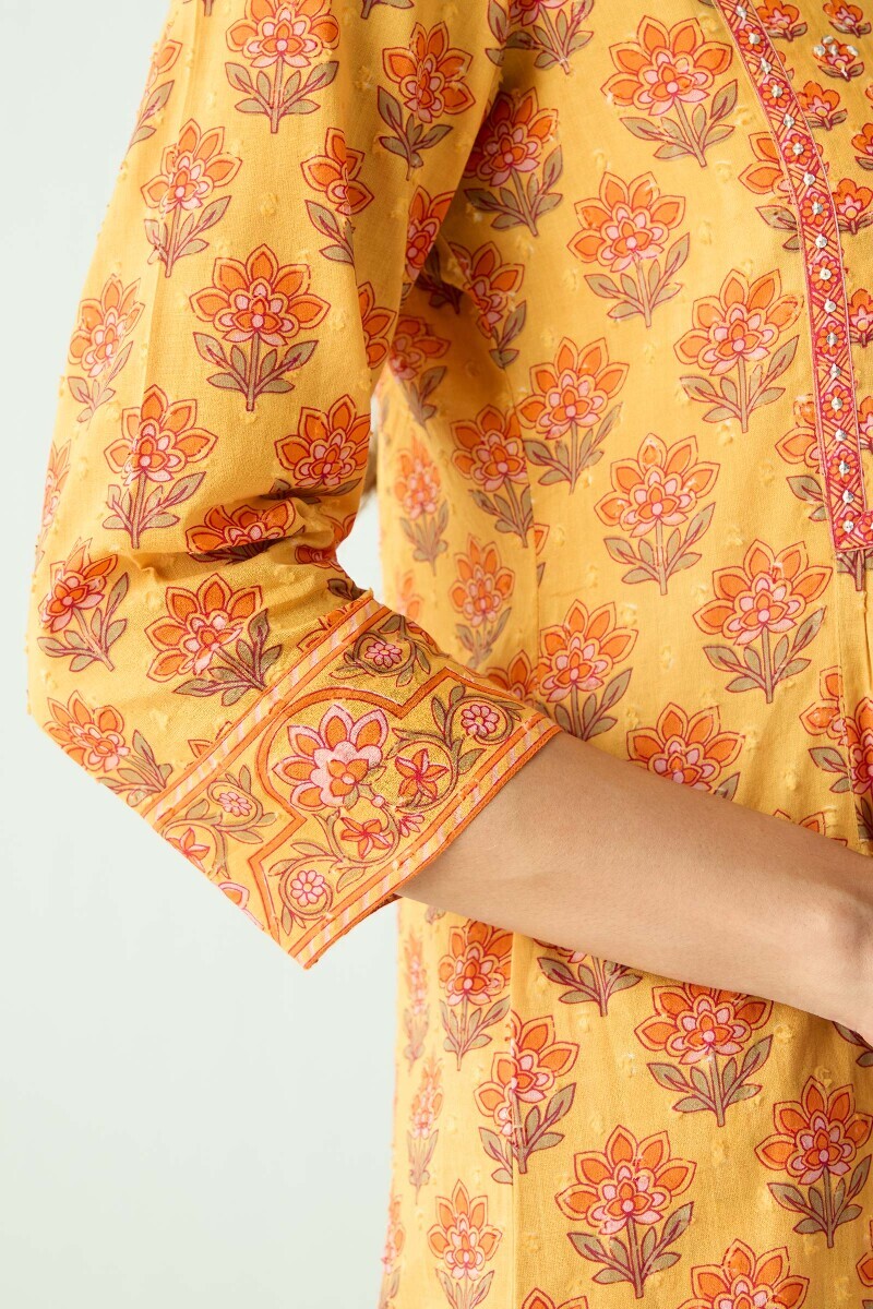 Mustard Hand Printed A-Line Cotton Dobby Kurta