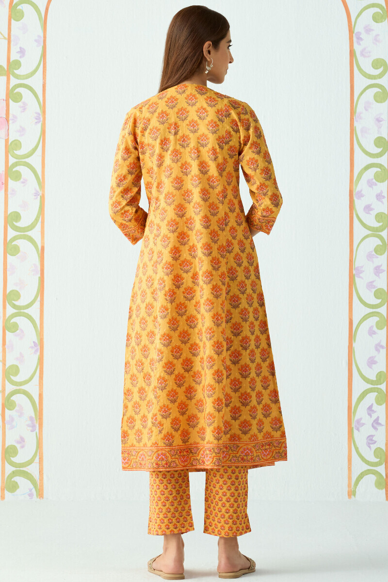 Mustard Hand Printed A-Line Cotton Dobby Kurta