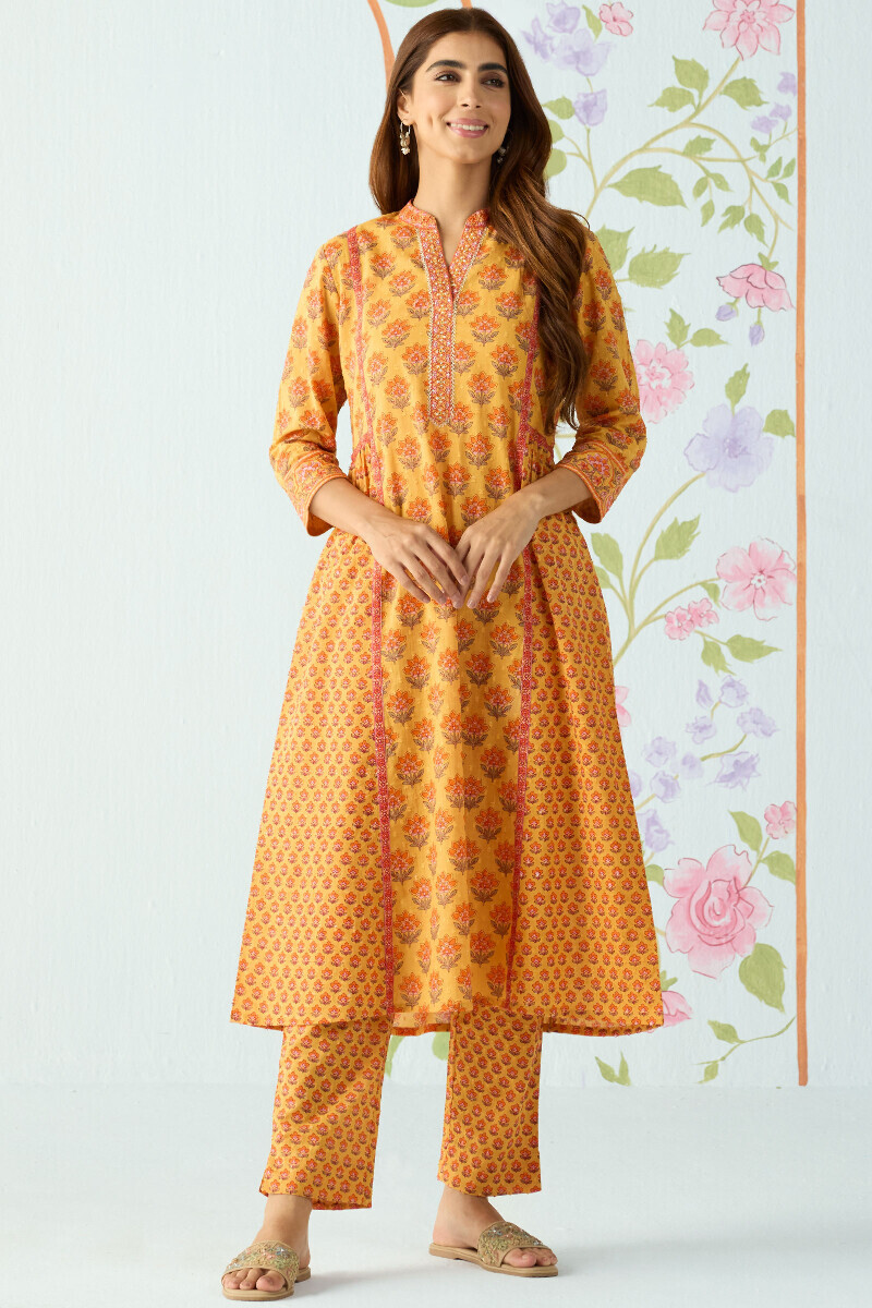 Mustard Hand Printed A-Line Cotton Dobby Kurta