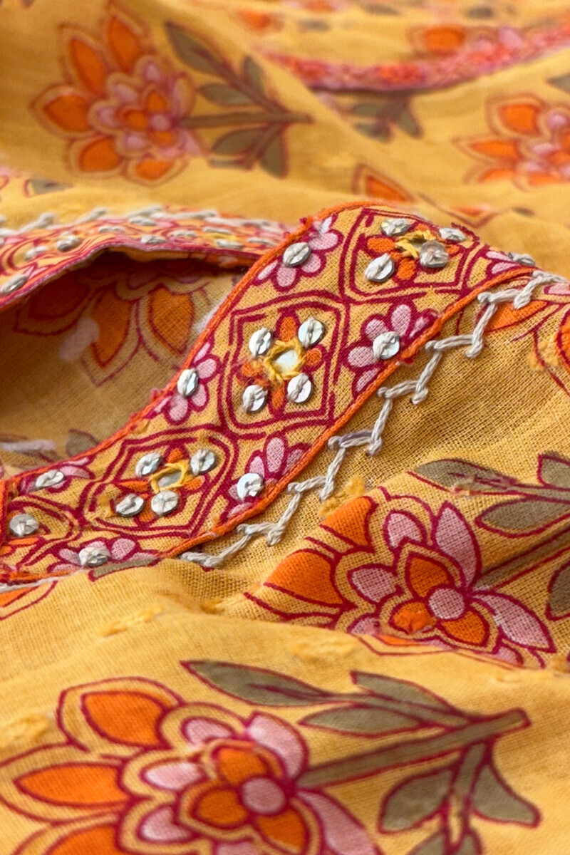 Mustard Hand Printed A-Line Cotton Dobby Kurta