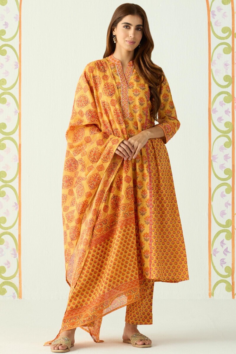 Mustard Hand Printed A-Line Cotton Dobby Kurta