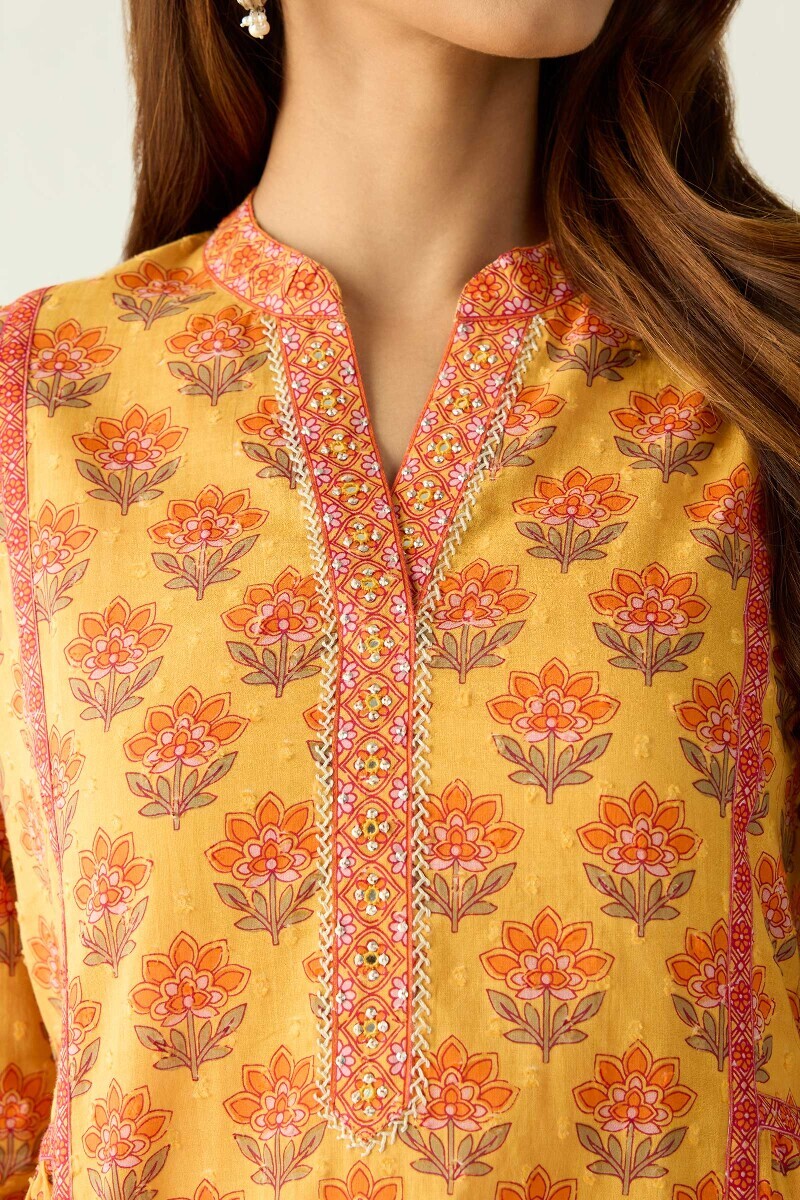 Mustard Hand Printed A-Line Cotton Dobby Kurta