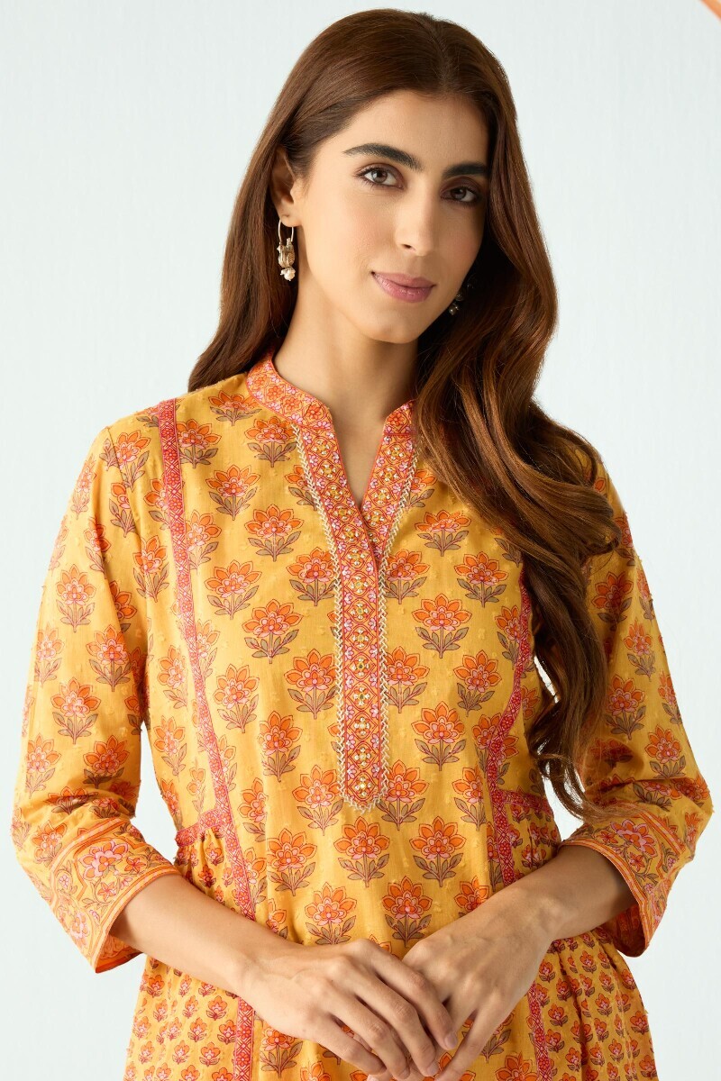 Mustard Hand Printed A-Line Cotton Dobby Kurta