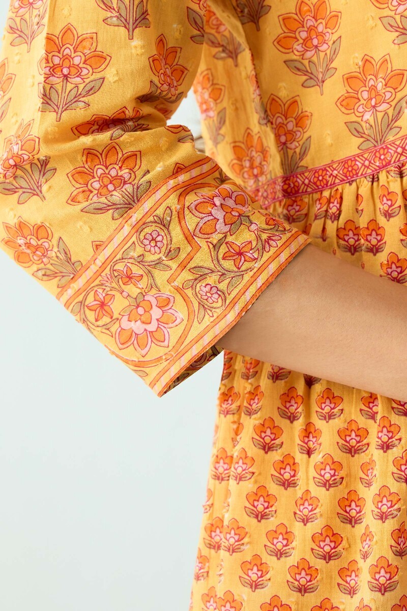 Mustard Hand Printed A-Line Cotton Dobby Kurta