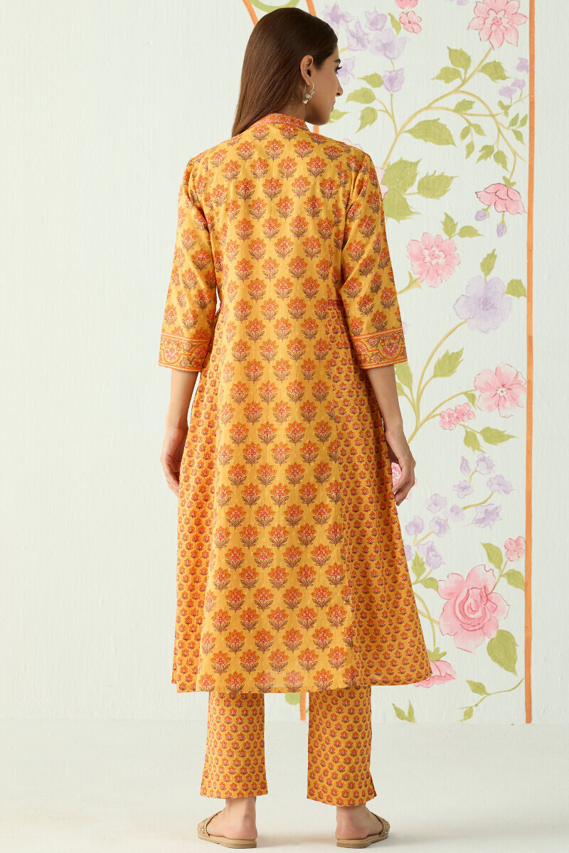 Mustard Hand Printed A-Line Cotton Dobby Kurta