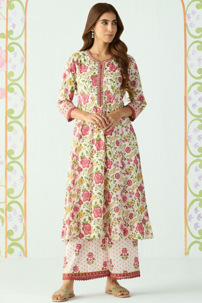 White Hand Printed Anarkali Cotton Dobby Kurta