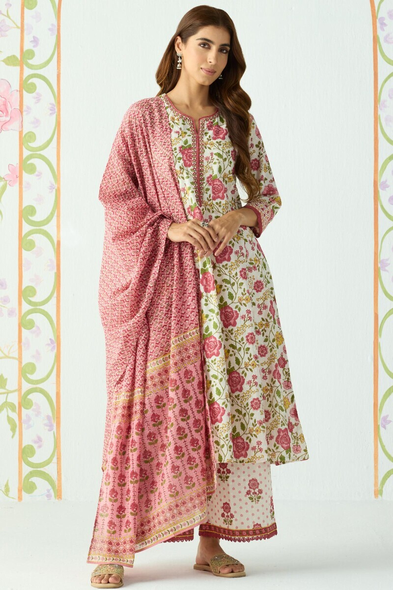 White Hand Printed Anarkali Cotton Dobby Kurta