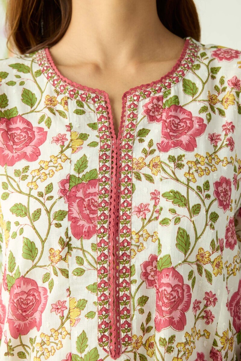 White Hand Printed Anarkali Cotton Dobby Kurta