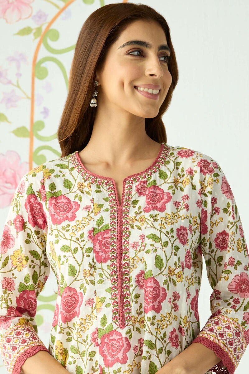 White Hand Printed Anarkali Cotton Dobby Kurta
