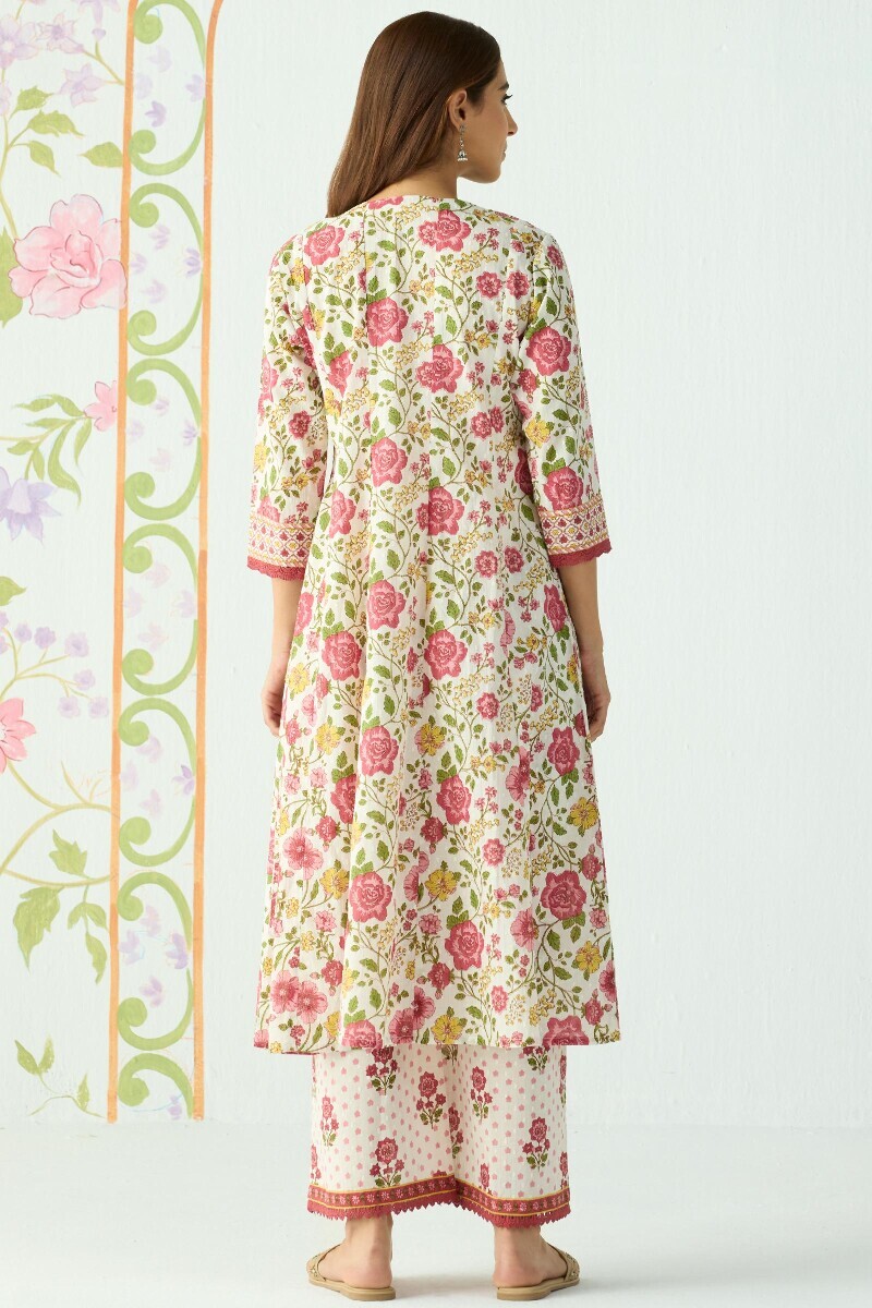White Hand Printed Anarkali Cotton Dobby Kurta