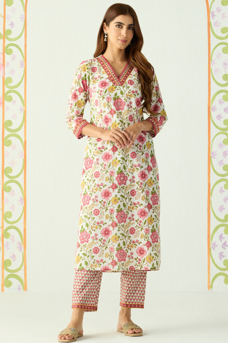 White Hand Printed Straight Cotton Dobby Kurta