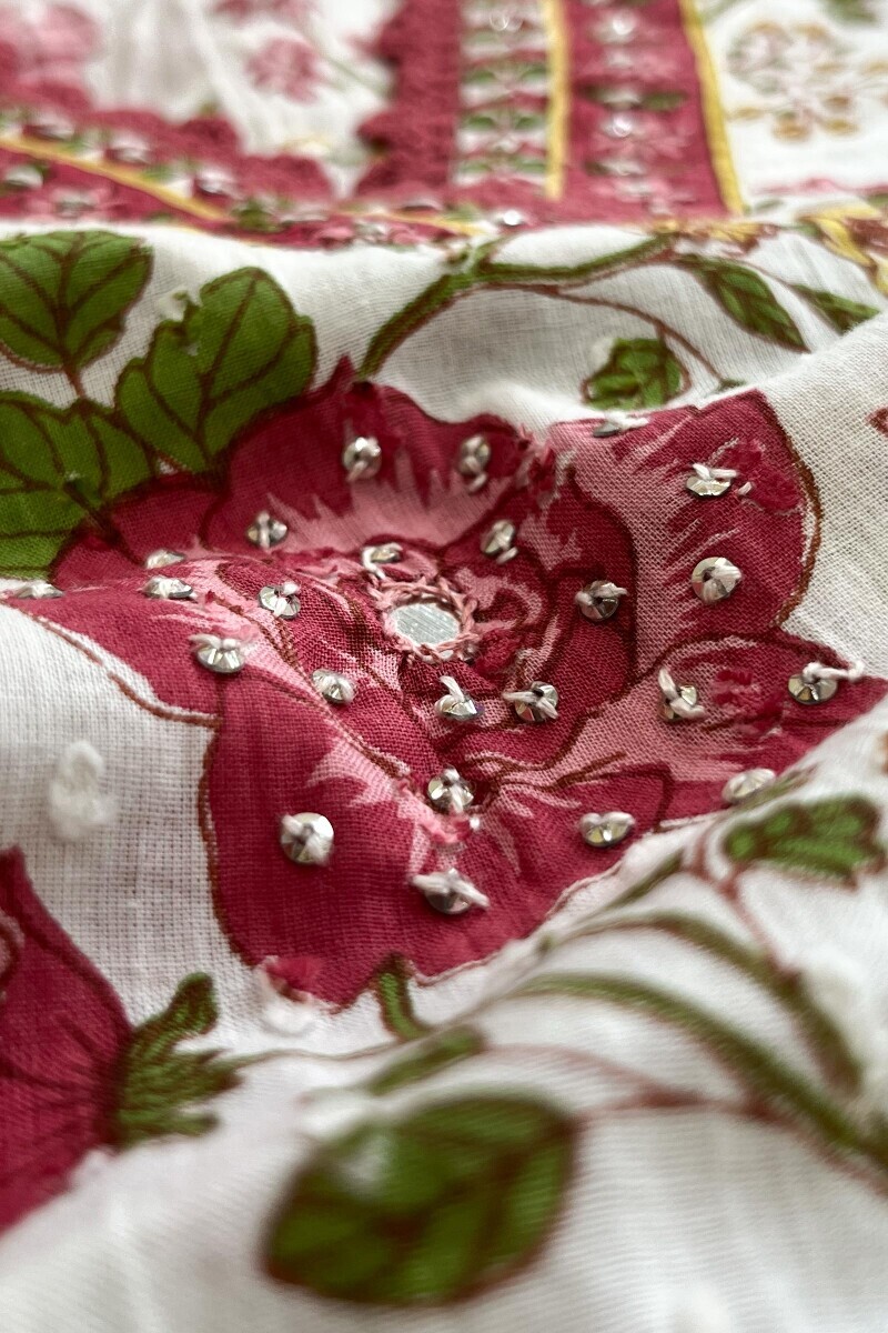 White Hand Printed Straight Cotton Dobby Kurta