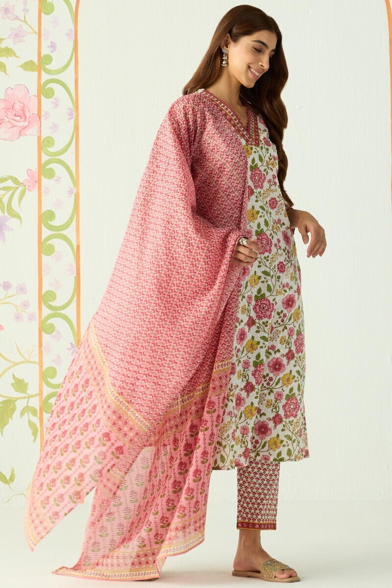 White Hand Printed Straight Cotton Dobby Kurta