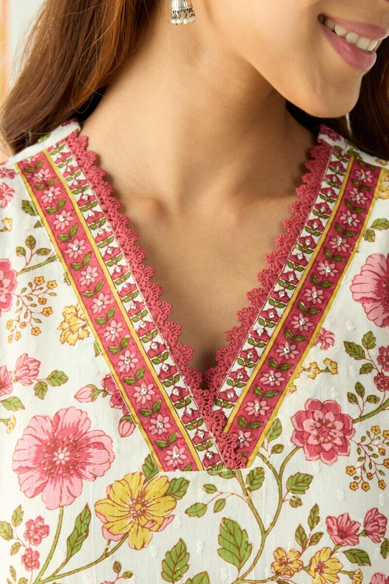 White Hand Printed Straight Cotton Dobby Kurta