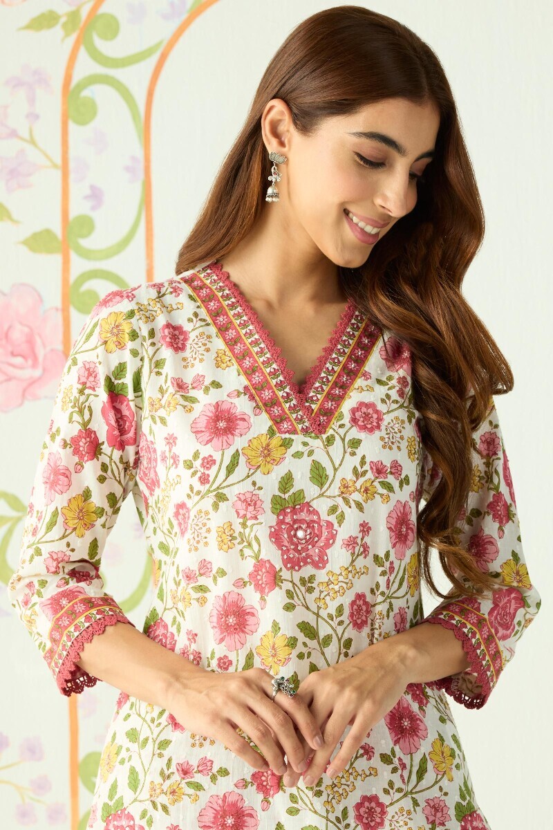 White Hand Printed Straight Cotton Dobby Kurta