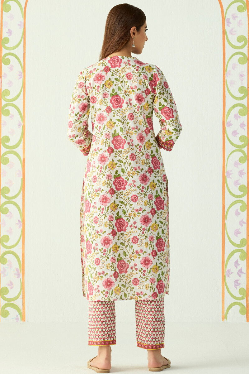 White Hand Printed Straight Cotton Dobby Kurta