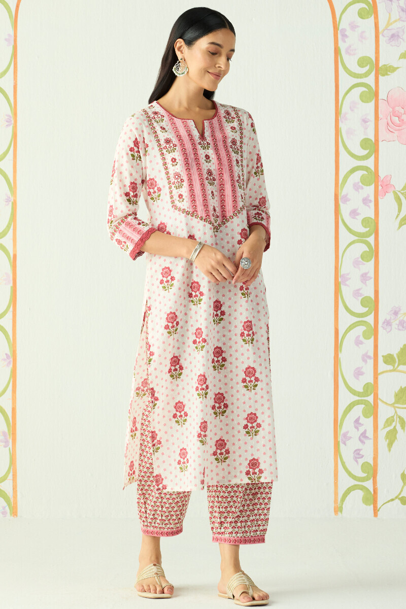 White Hand Printed Straight Cotton Dobby Kurta