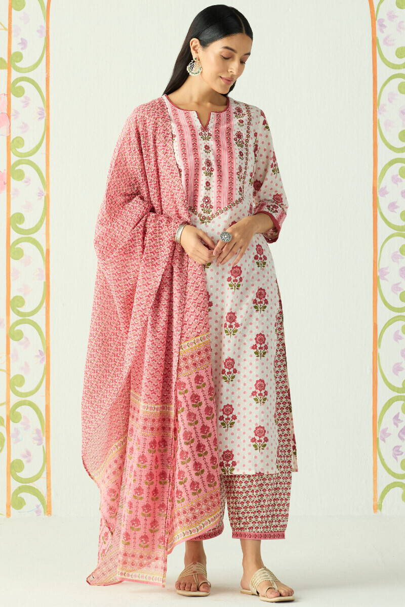 White Hand Printed Straight Cotton Dobby Kurta