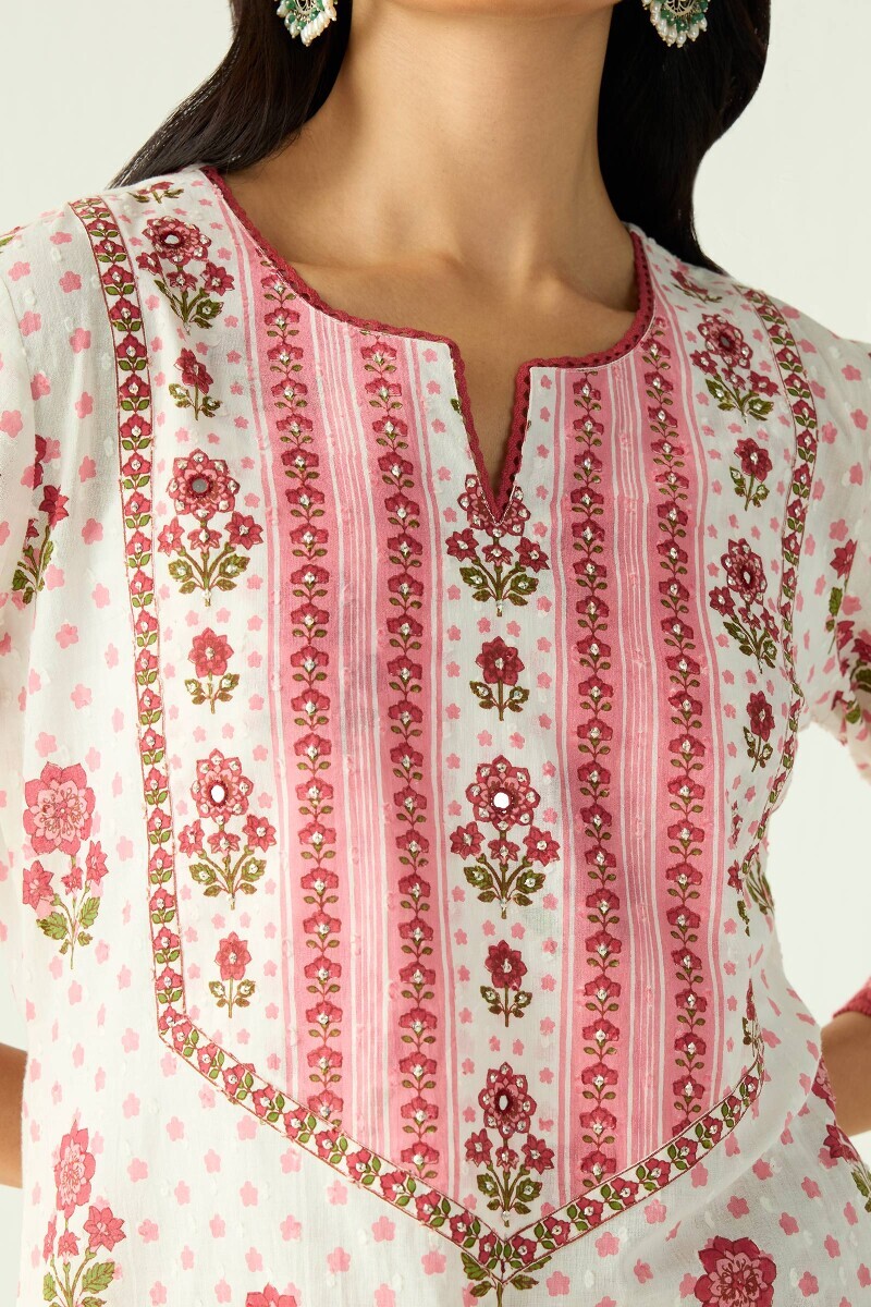 White Hand Printed Straight Cotton Dobby Kurta