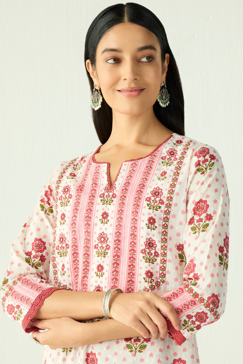 White Hand Printed Straight Cotton Dobby Kurta