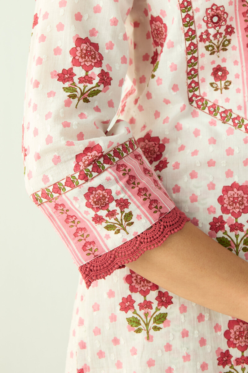 White Hand Printed Straight Cotton Dobby Kurta